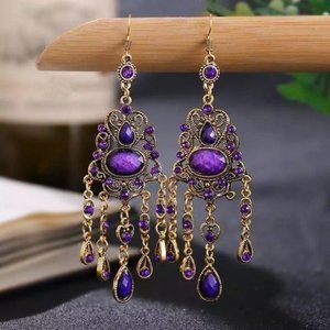 Bohemian dangle earrings gold purple jewels amethyst plum lavender